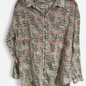 Anthropologie Womens Button Down Blouse, Size XS, White Black Orange Floral